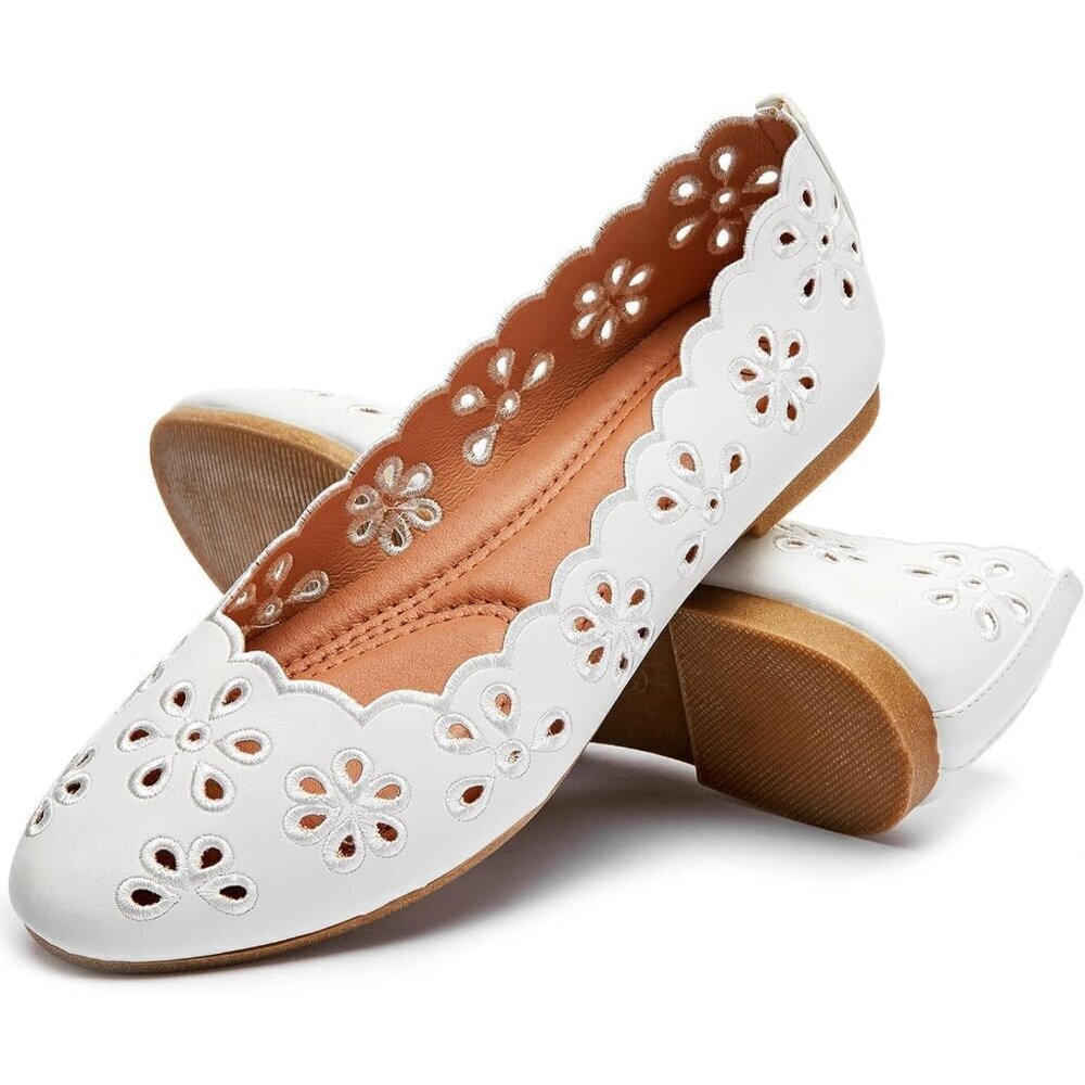 Fracora Flat Shoes Women White Faux Leather Round Toe Slip on Comfortable Shoes